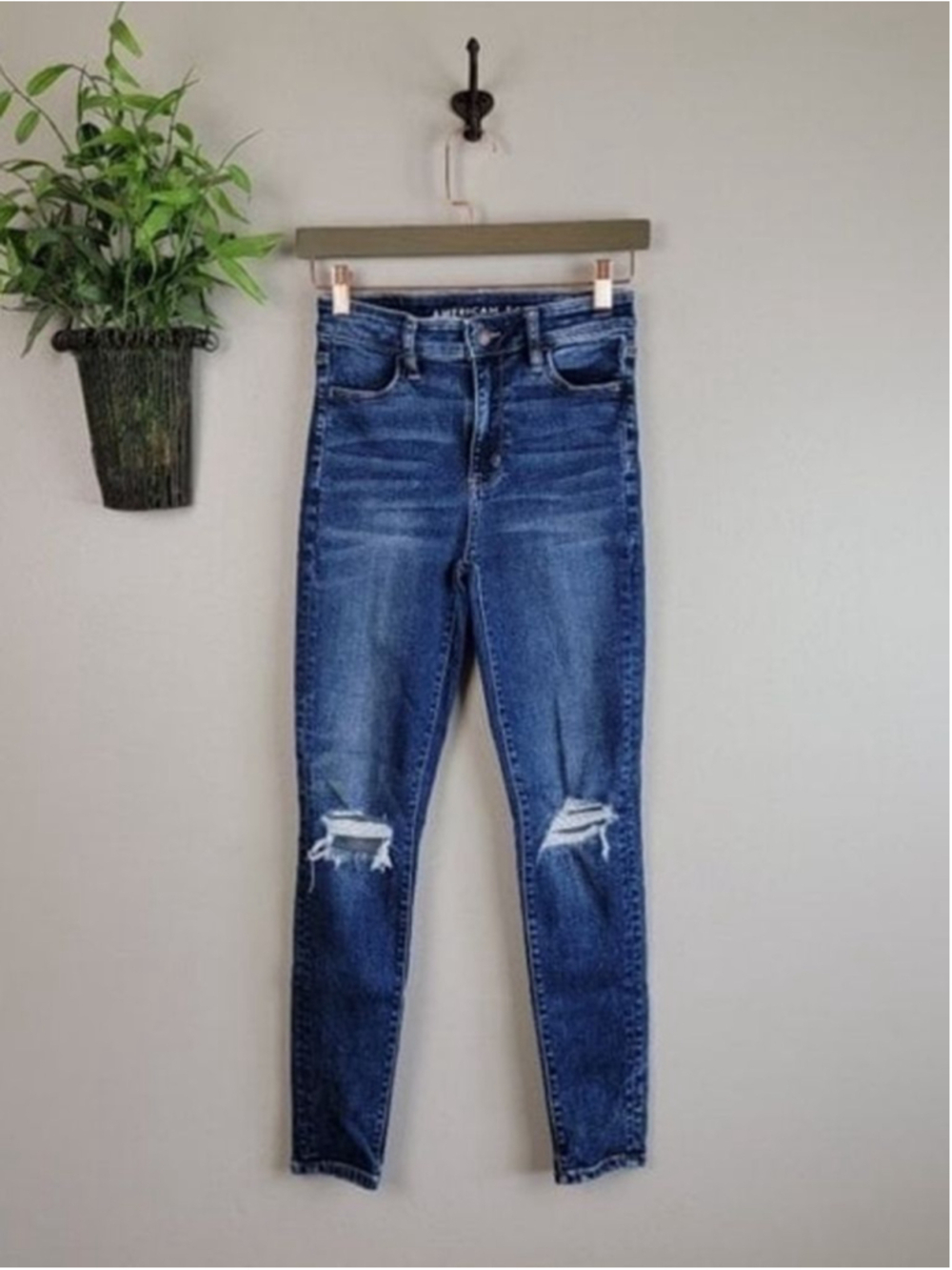 AE 0 S American Eagle Skinny Jeans Super Hi Rise Jegging Dark Wash Distressed